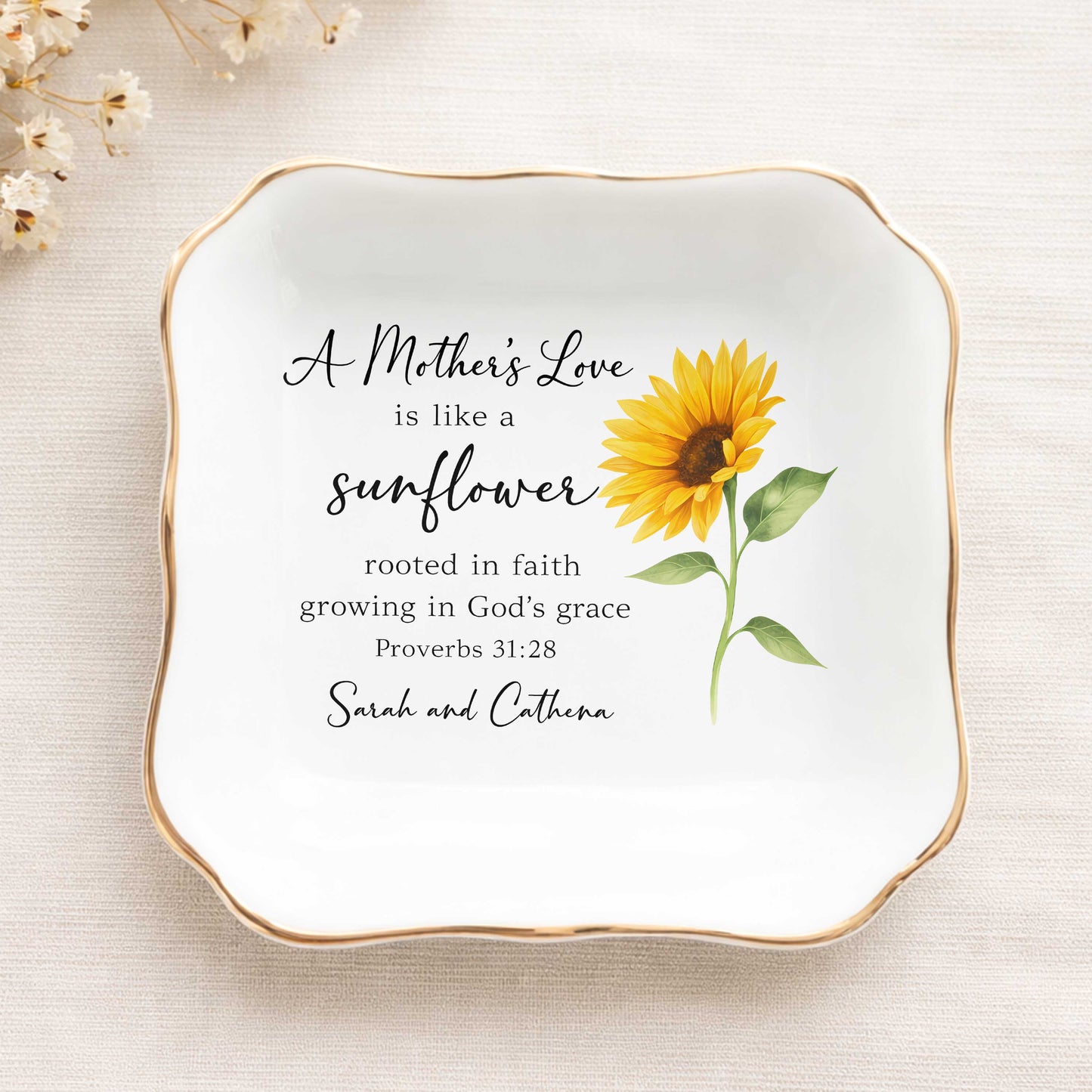 A Mother's Love Is Like A Sunflower Rooted In Faith Growing In God's Grace Ceramic Jewelry Tray