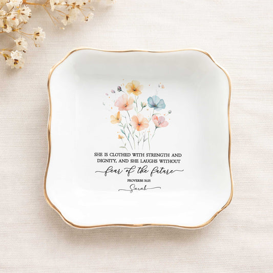 Strength And Dignity Christian Gift Ceramic Jewelry Tray