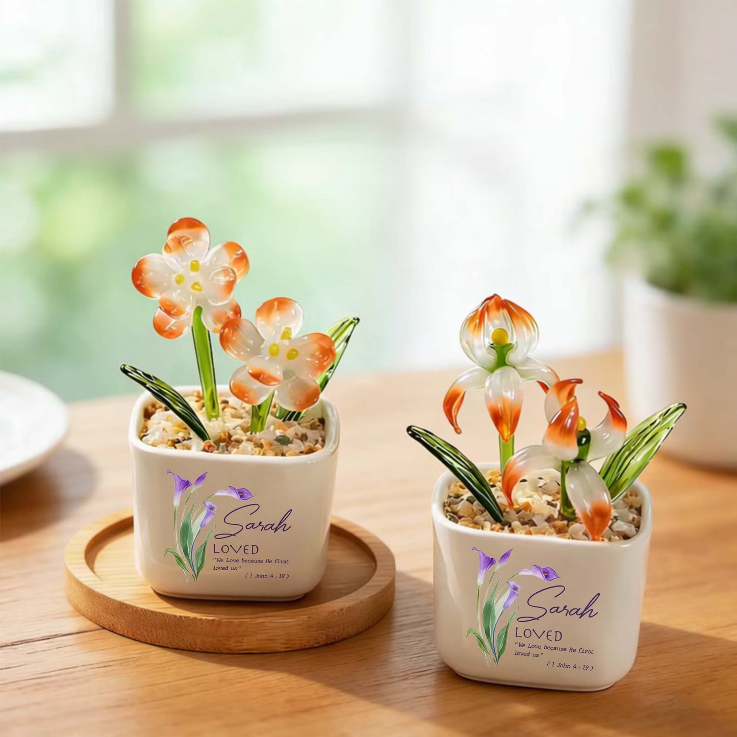 Sarah Loved We Love Because He First Loved Us Birth Month Glass Flowerpot