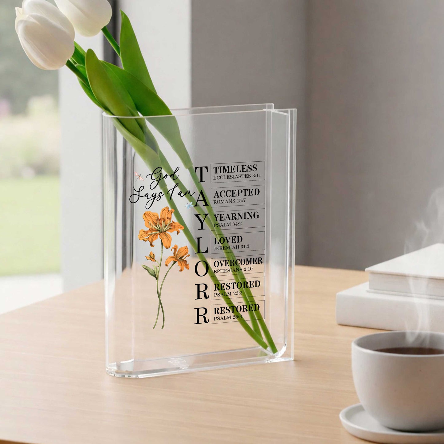 God Says I Am Acrylic Book Vase, Mother's Day Gift