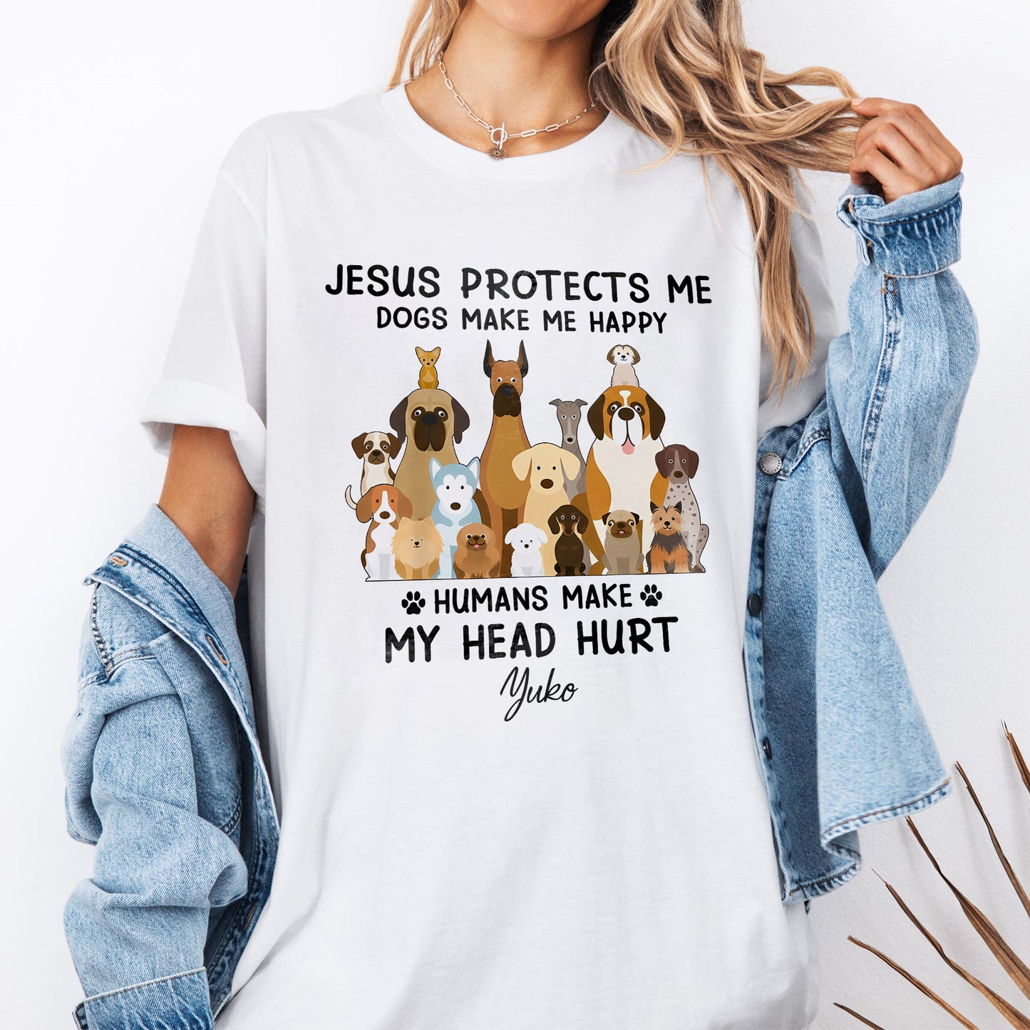 Jesus Protects Me Dogs Make Me Happy Humans Make My Head Hurt T-Shirt