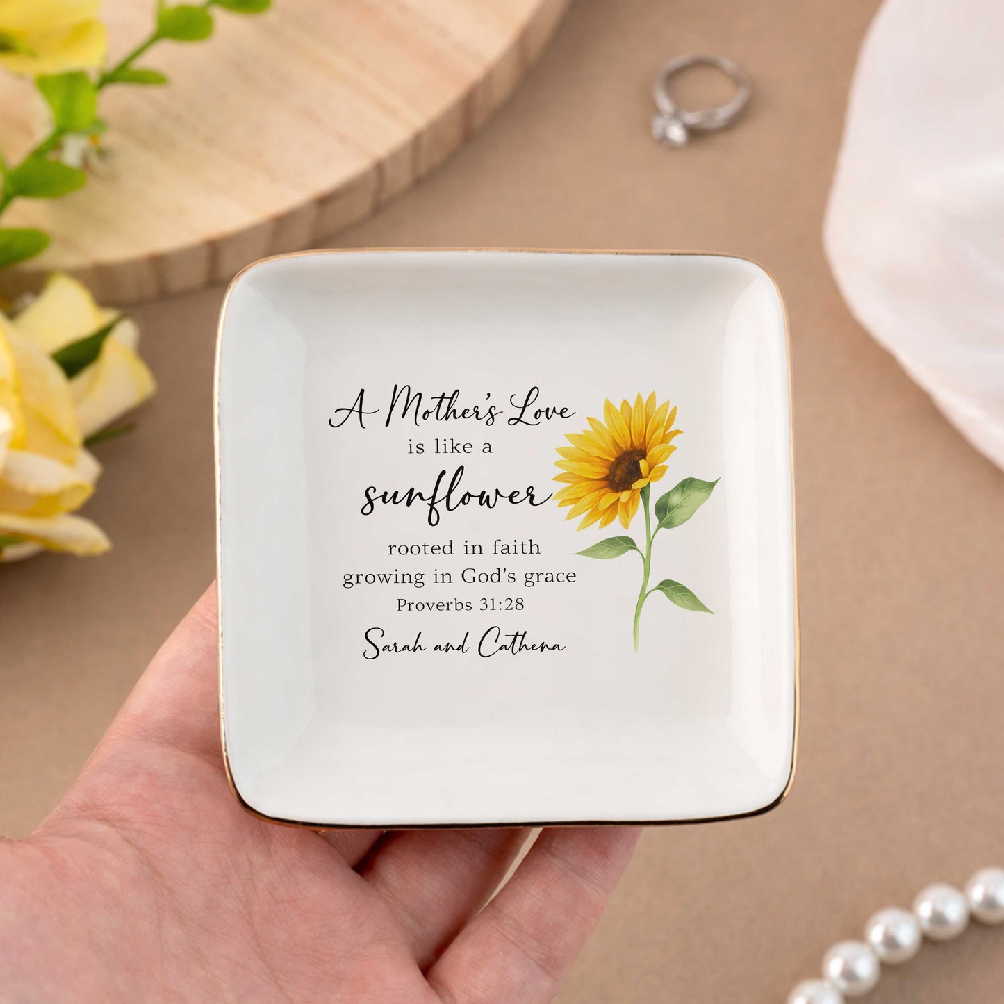 A Mother's Love Is Like A Sunflower Rooted In Faith Growing In God's Grace Ceramic Jewelry Tray