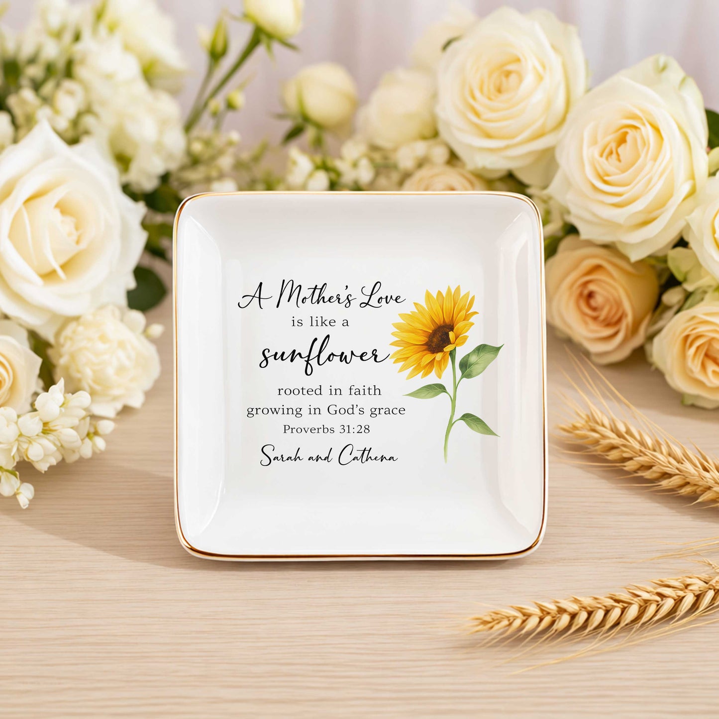 A Mother's Love Is Like A Sunflower Rooted In Faith Growing In God's Grace Ceramic Jewelry Tray