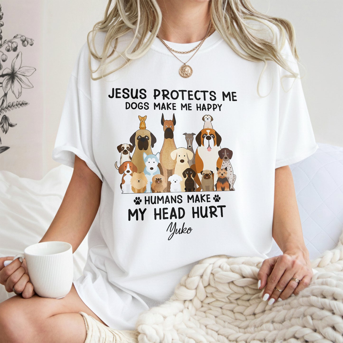 Jesus Protects Me Dogs Make Me Happy Humans Make My Head Hurt T-Shirt