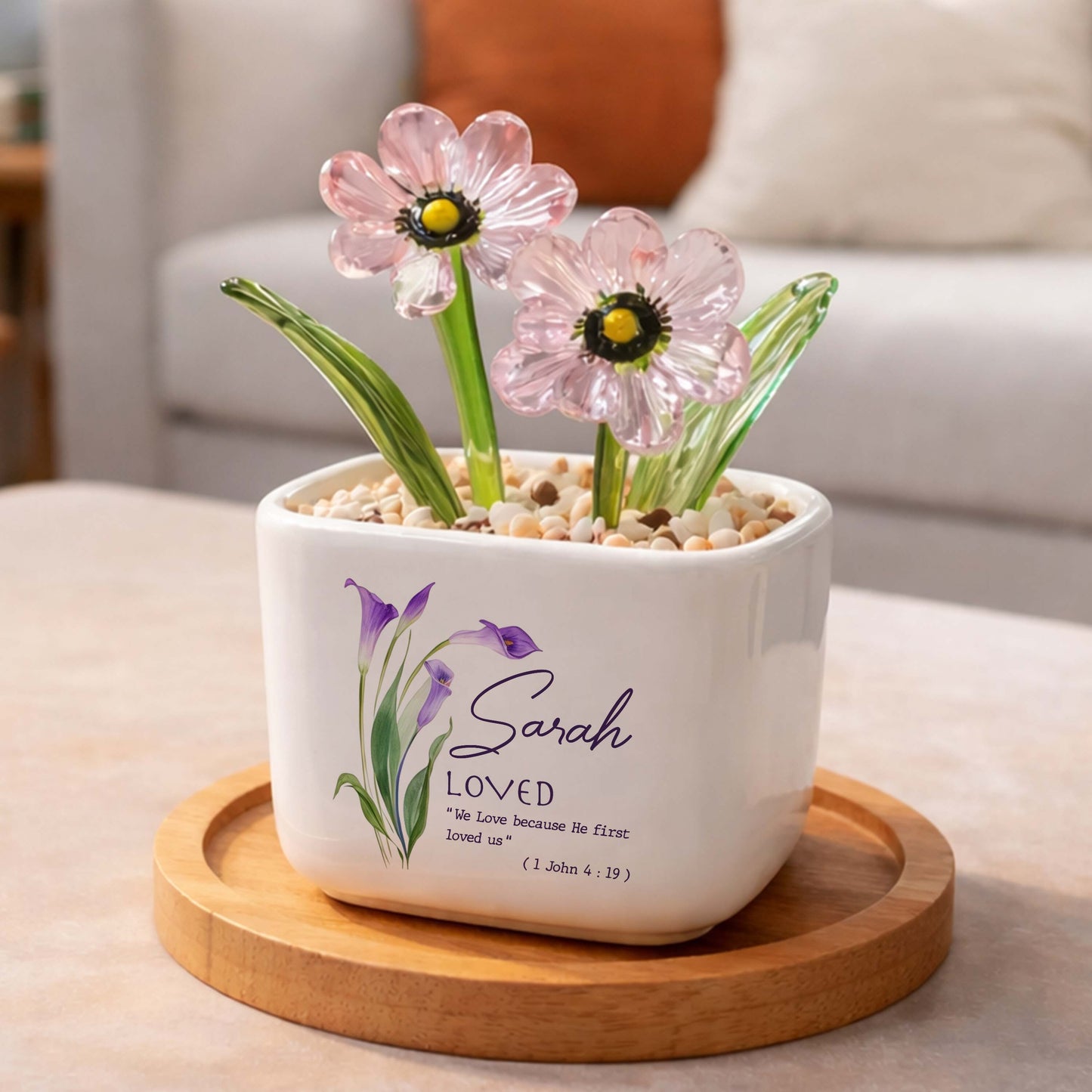 Sarah Loved We Love Because He First Loved Us Birth Month Glass Flowerpot
