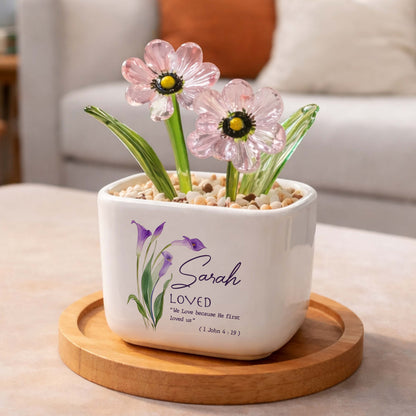 Sarah Loved We Love Because He First Loved Us Birth Month Glass Flowerpot